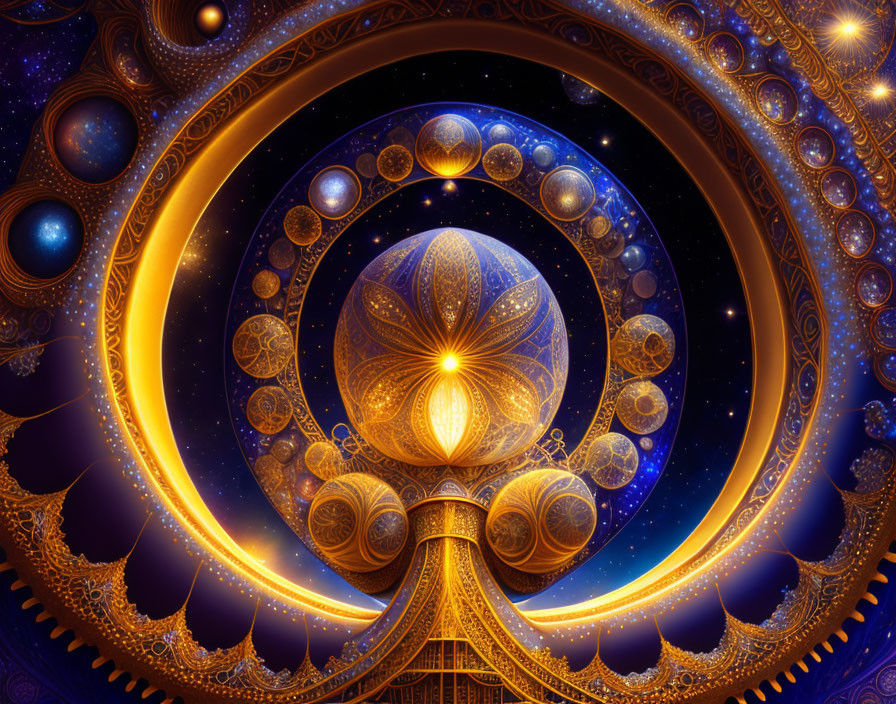 Intricate golden cosmic digital art with celestial orbs and galaxies