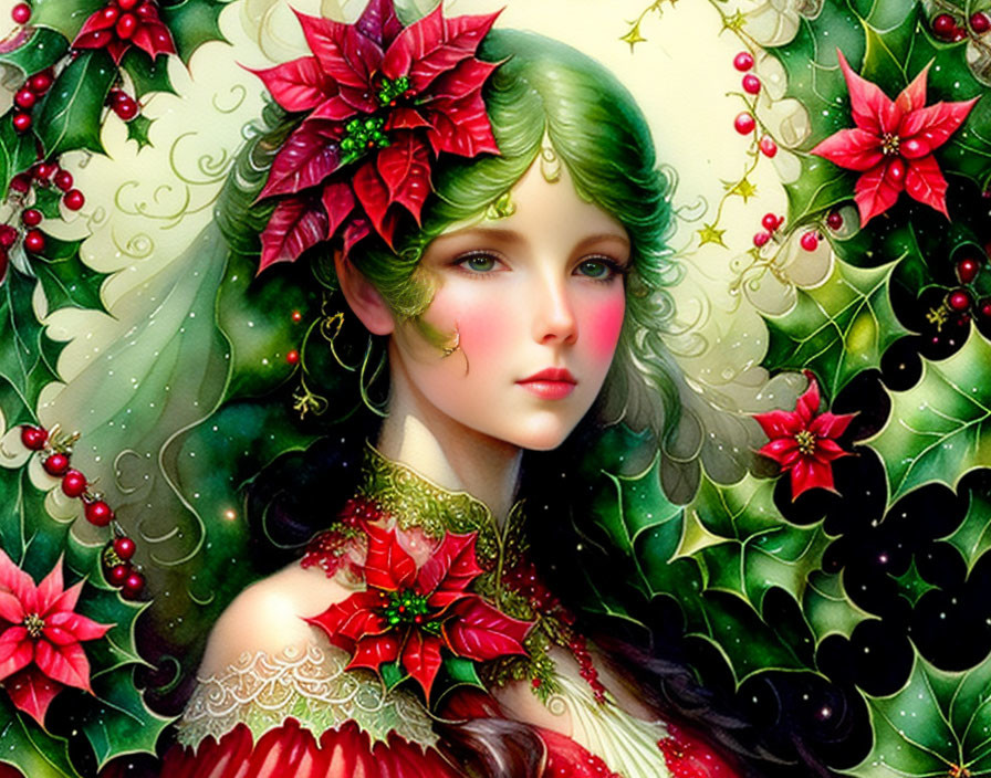 Fantastical digital artwork of a woman with green hair and festive floral adornments