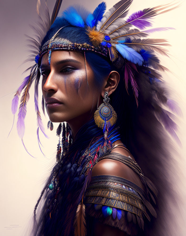 Profile of a person in vibrant feather headdress and makeup with feather earrings.