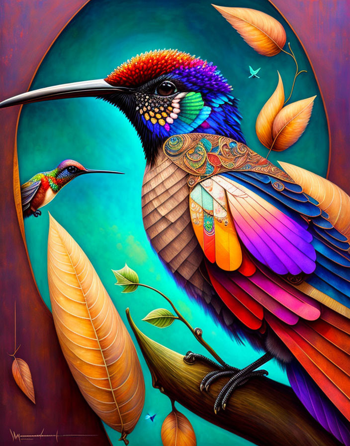 Colorful stylized hummingbird art with intricate patterns in leafy setting