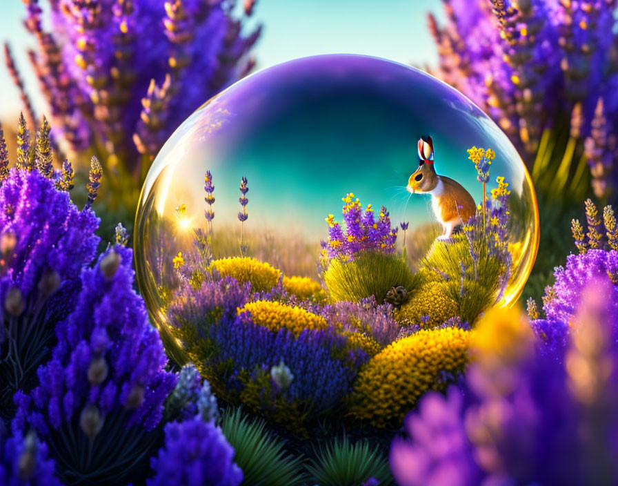 Rabbit in reflective bubble with purple and yellow flowers under sunset sky