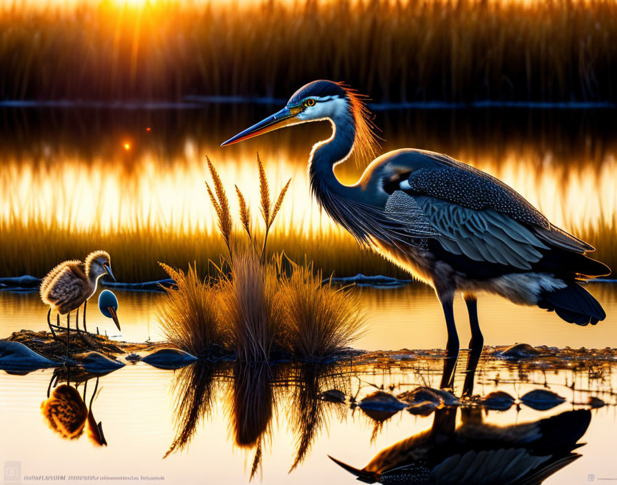 Great Blue Heron with Two Chicks at Sunset by Water