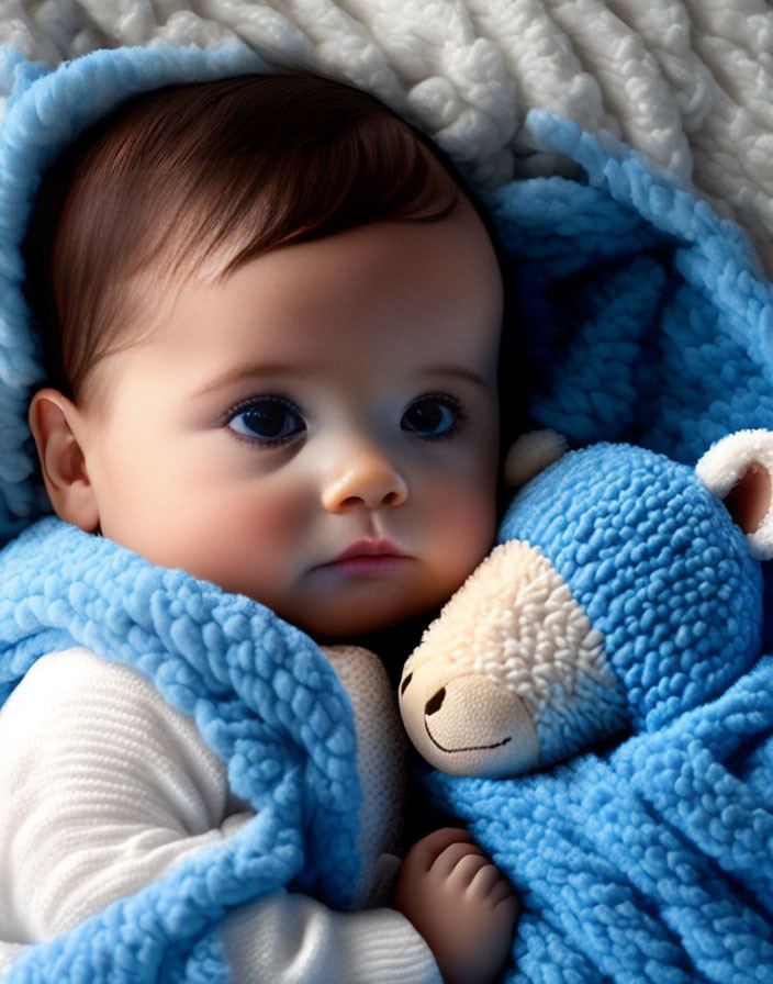 Dark-Haired Baby in Blue Blanket with Teddy Bear