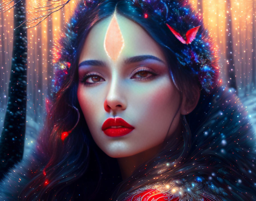 Portrait of a woman with ornate headpiece and red bird in mystical setting