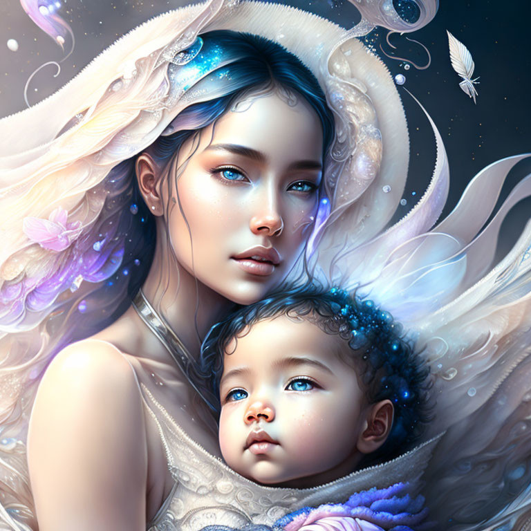 Fantastical illustration of woman with child and butterflies