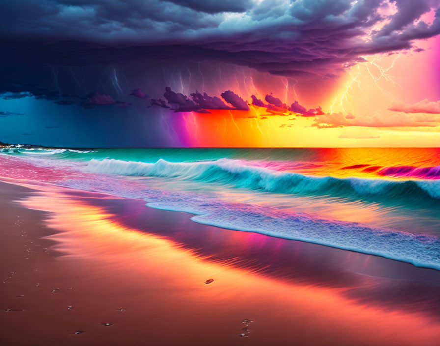 Dramatic thunderstorm over vibrant beachscape