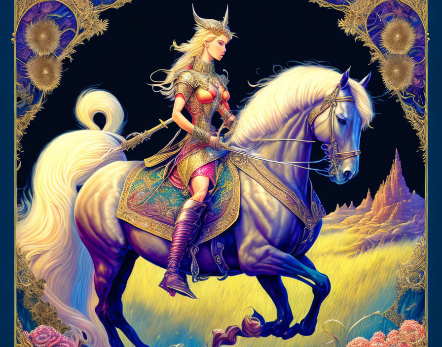 Fantasy illustration: Warrior woman in ornate armor on white horse with golden designs.