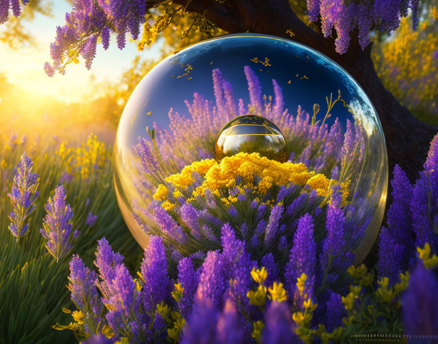 Vibrant field of yellow and purple flowers in crystal ball scenery