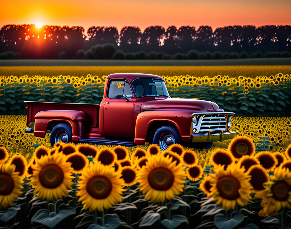 Red Pickup Truck in Sunflower Field at Sunset