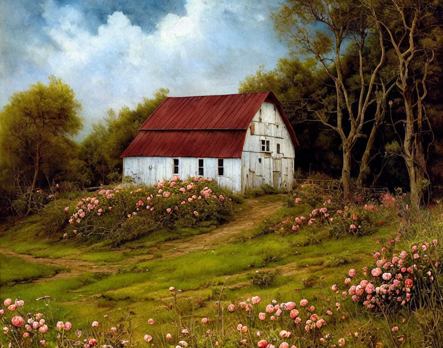 Rustic white barn with red roof in lush greenery and pink wildflowers