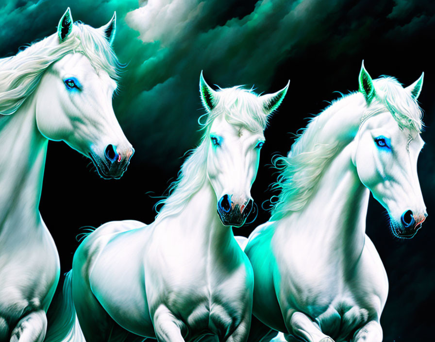 Fantastical white horses with blue eyes on dark teal background