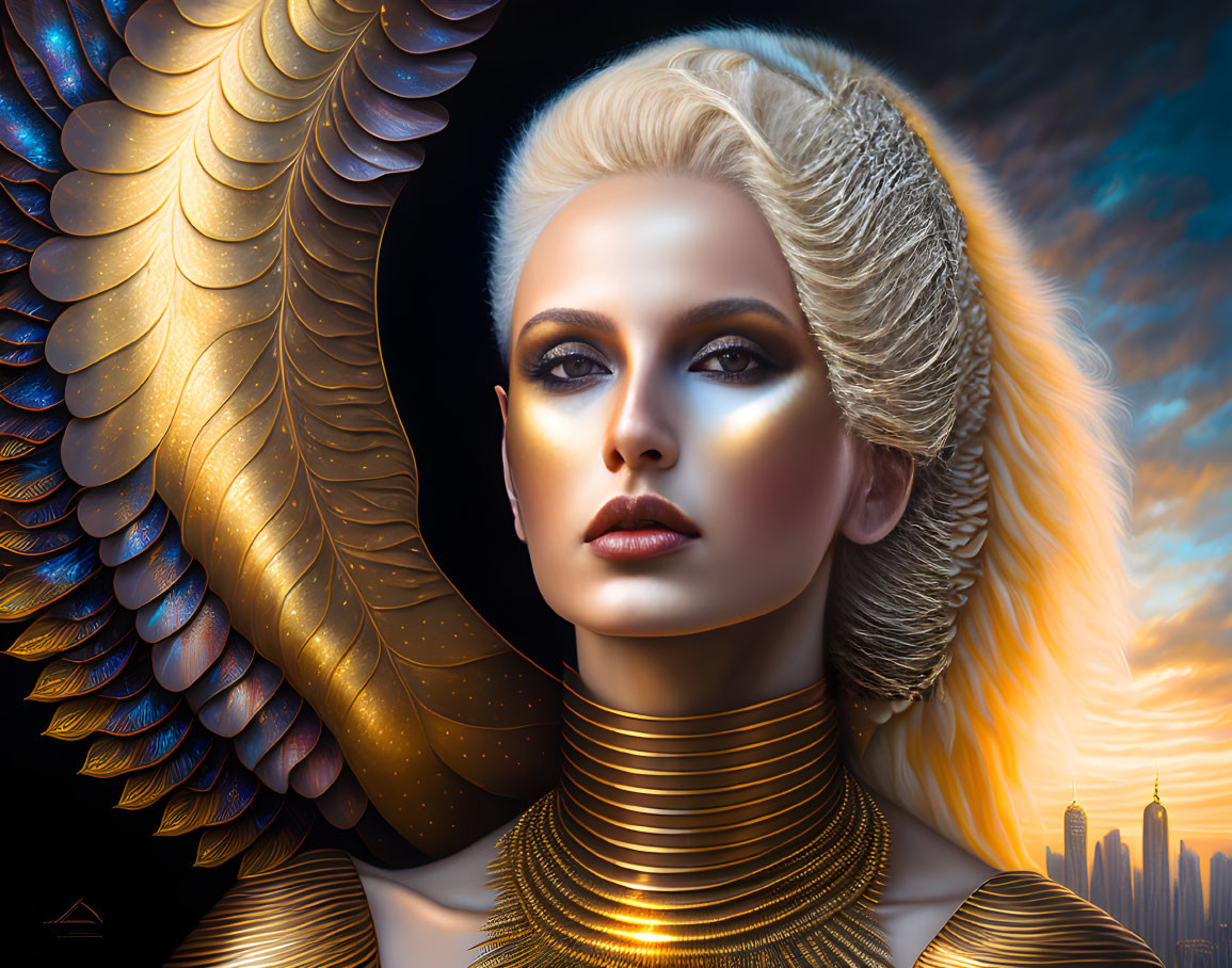 Futuristic woman with golden wings and jewelry in city skyline at sunset