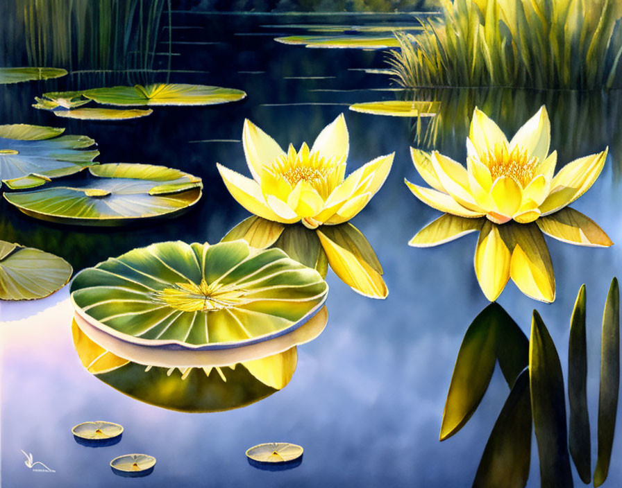 Tranquil pond with blooming yellow water lilies amid lush greenery