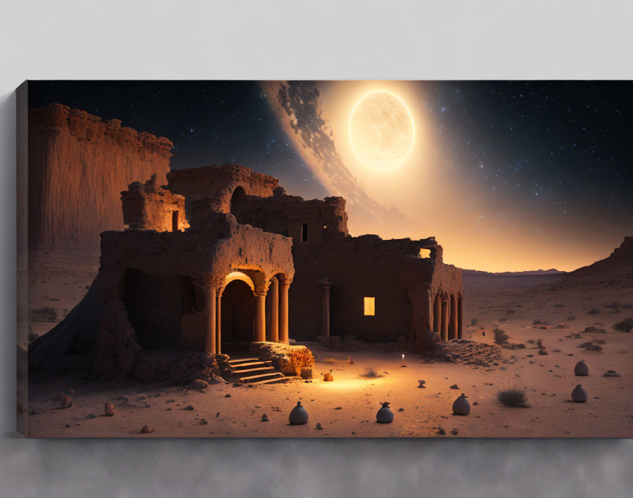 Desert night scene canvas print with ancient ruins under starry sky