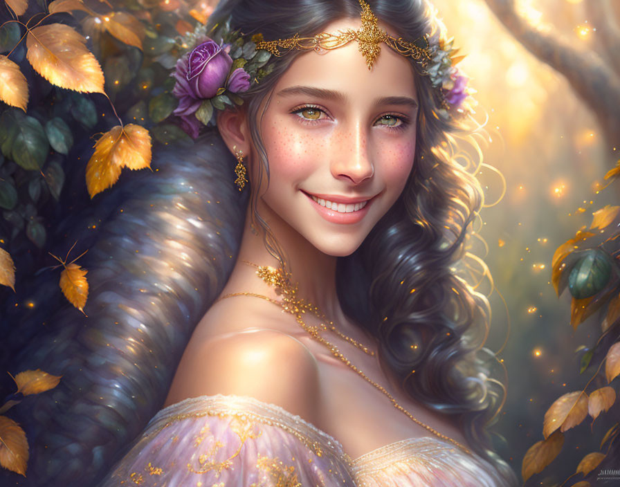 Smiling woman with freckles in floral headpiece and gold jewelry, surrounded by illuminated leaves and