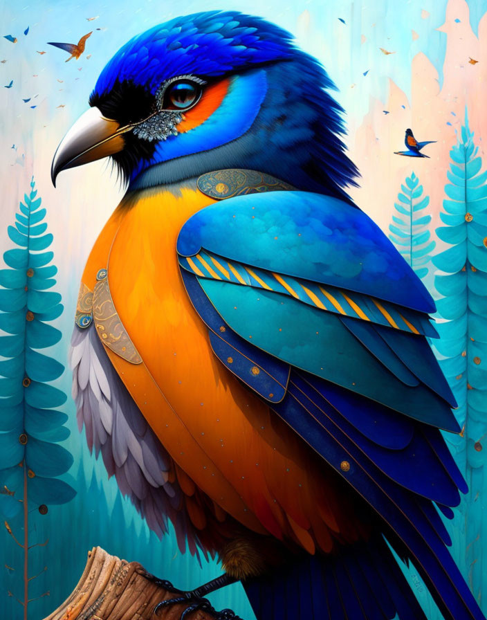 Colorful stylized bird with blue and orange plumage in forest setting