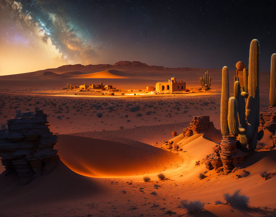 Desert night scene with cacti, settlement, sand dunes, and starry sky.