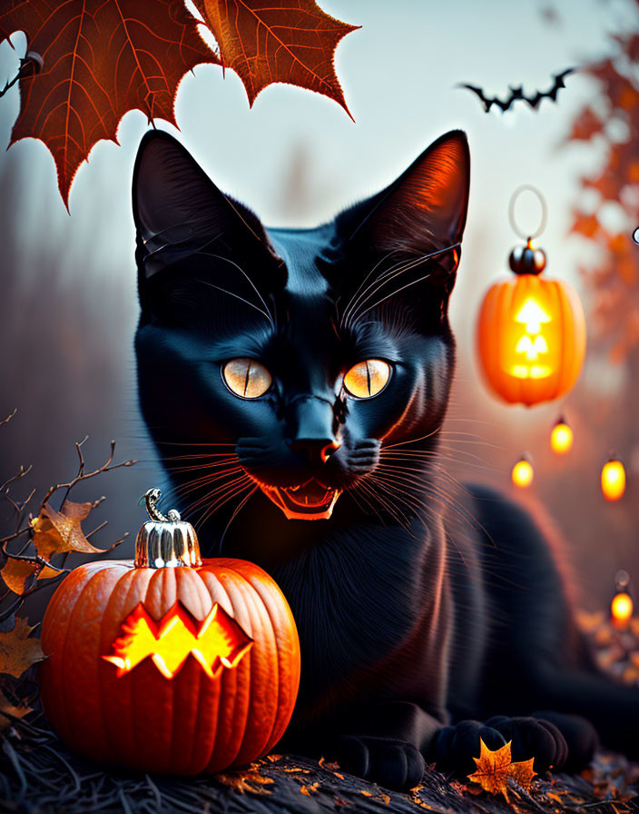 Black Cat and Pumpkin Halloween Scene with Lanterns and Bats