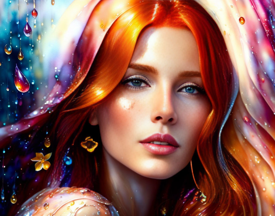 Vibrant red-haired woman in digital portrait with blue eyes