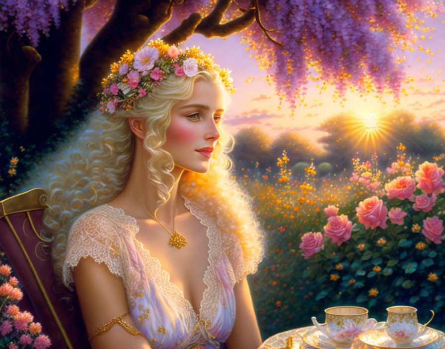 Woman with floral crown in blooming garden at sunset.