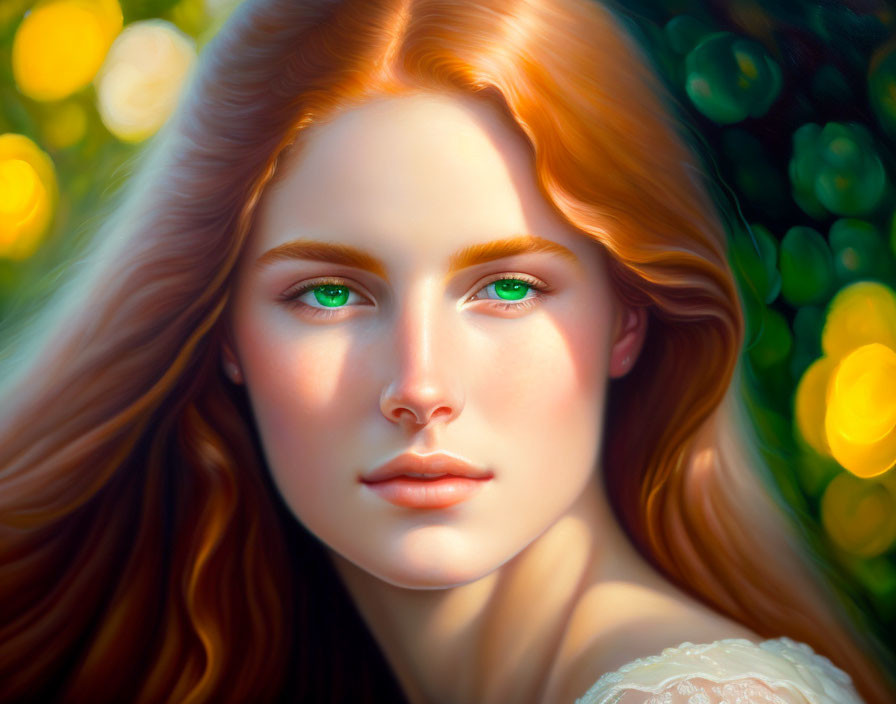 Portrait of Woman with Long Red Hair and Green Eyes in Warm Bokeh Setting