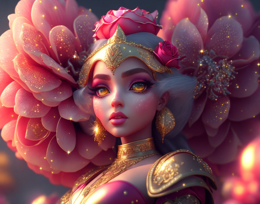 Digital artwork featuring female character with large eyes, gold jewelry, pink flowers, and white rose.