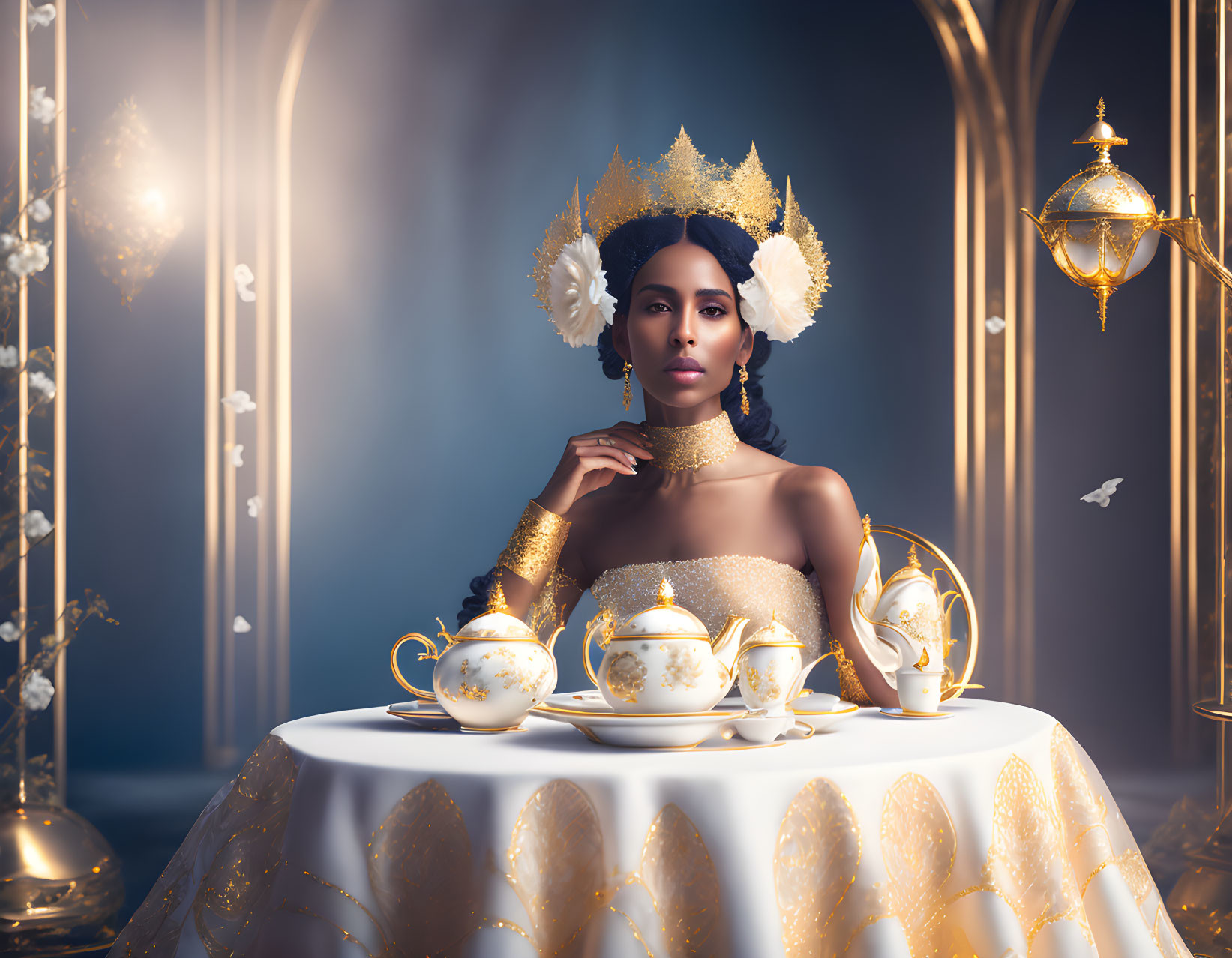 Regal woman in golden attire at ornate table with butterflies