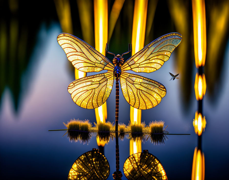 Illuminated dragonfly sculpture with delicate wings in twilight sky