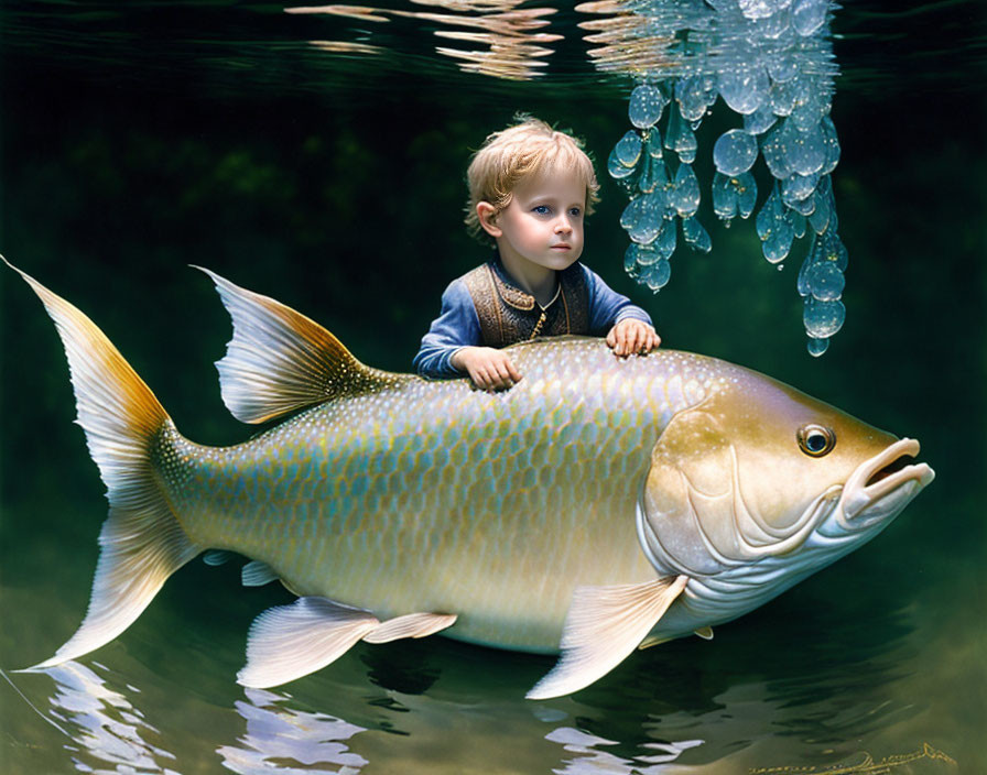 Child riding realistic fish underwater with jellyfish above