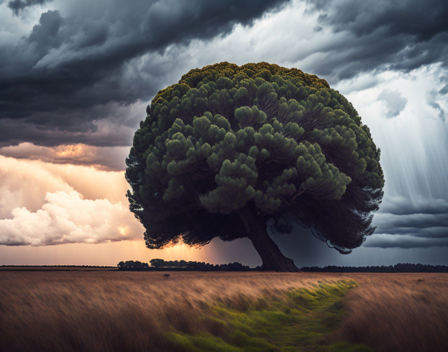 Large tree with thick canopy in field under dramatic stormy sky.