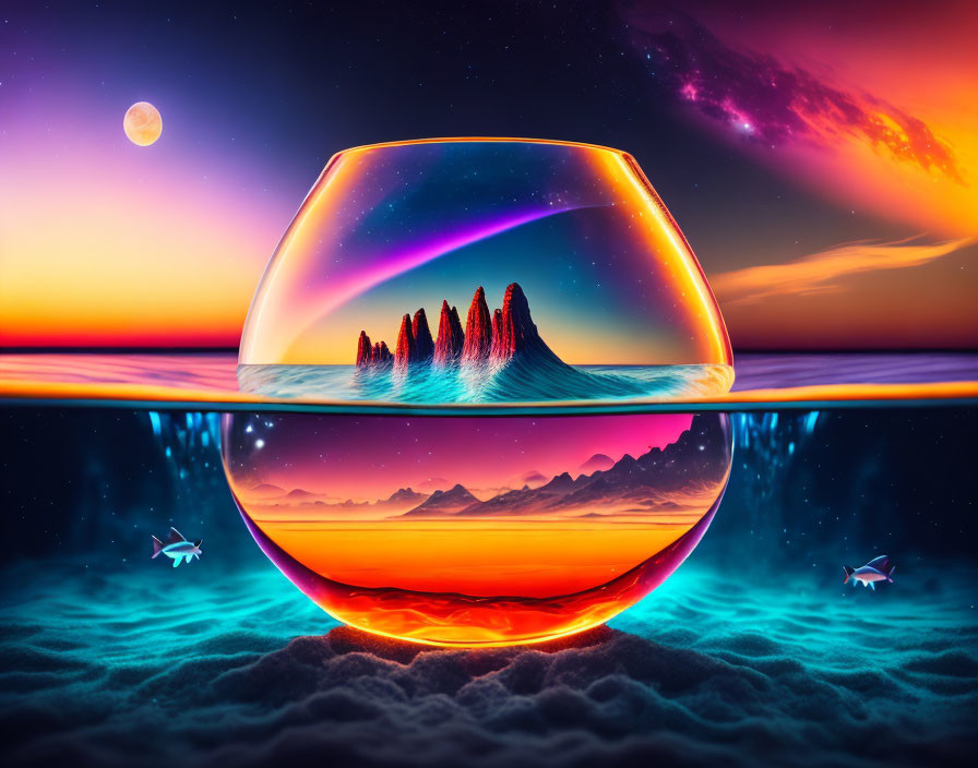 Surreal fishbowl with mountain peaks under cosmic sky