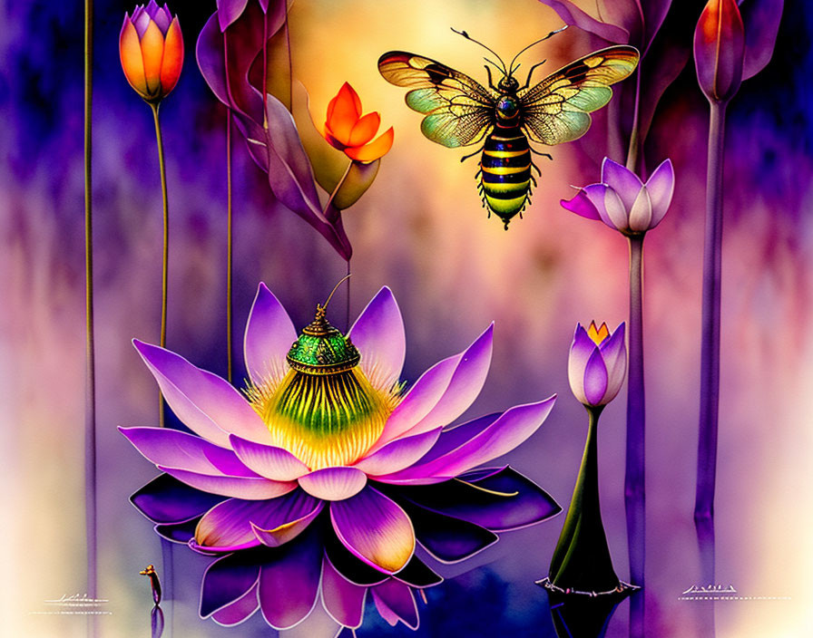 Colorful Bee and Lotus Illustration Among Tulips on Gradient Background