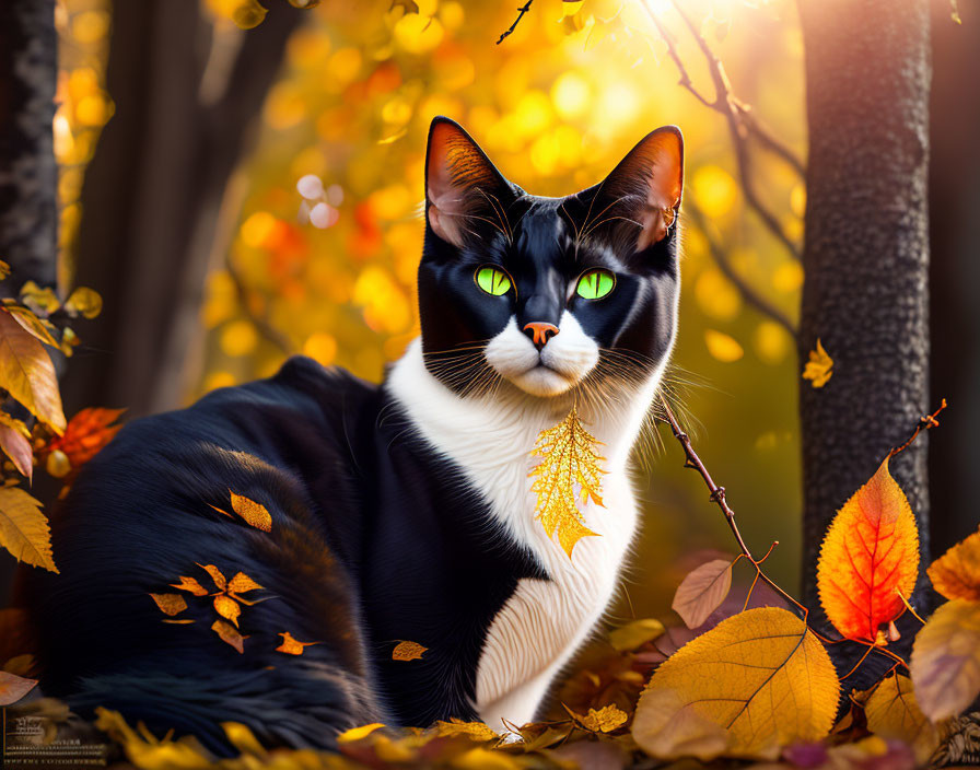 Black and White Cat with Green Eyes in Autumn Setting