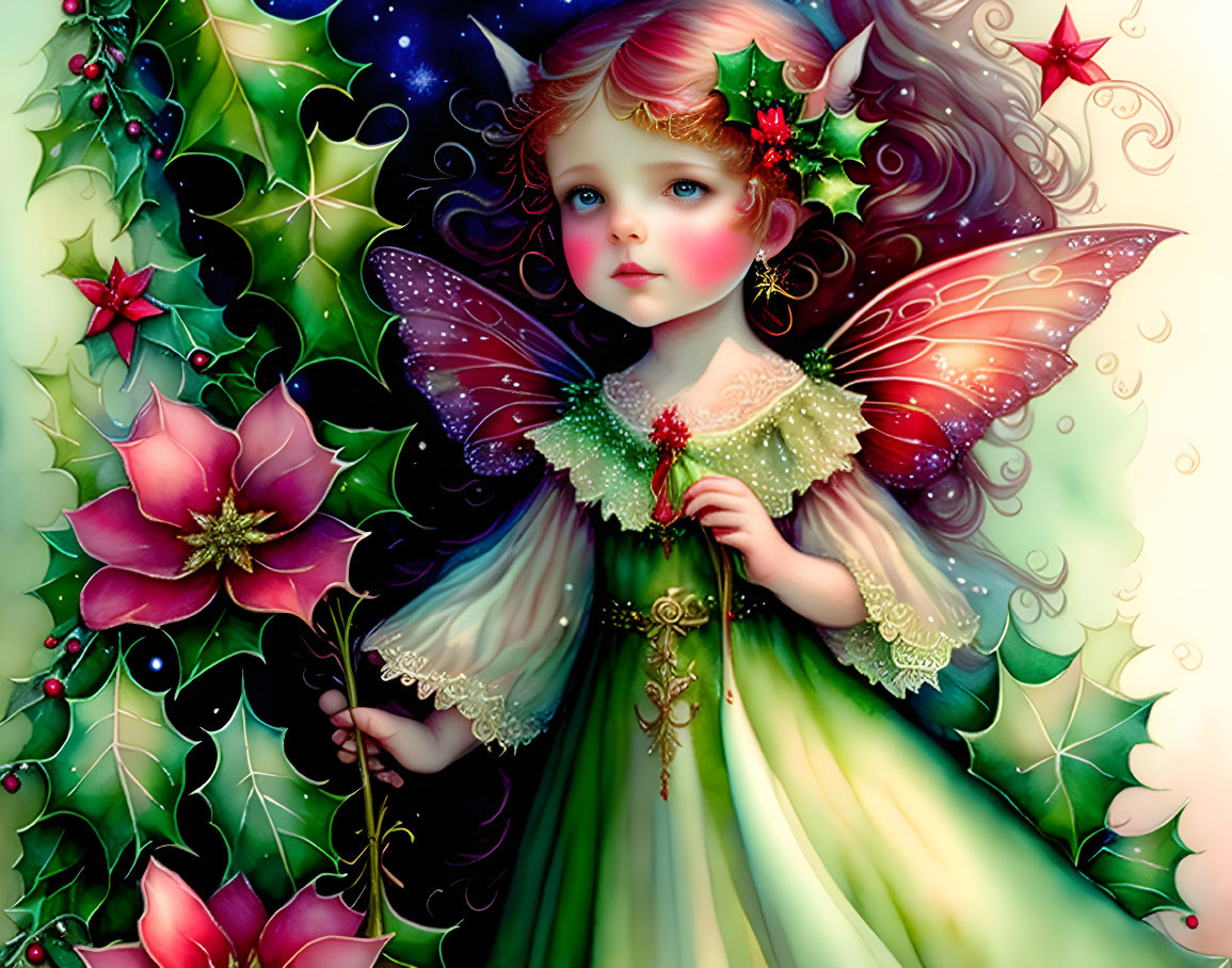 Young fairy surrounded by greenery and poinsettias in festive attire