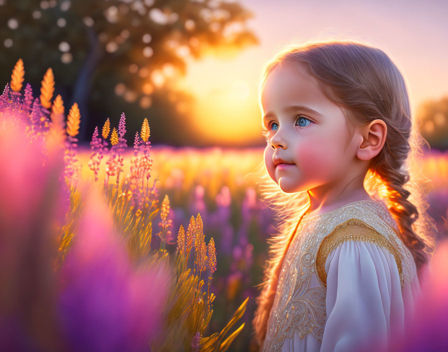 Young girl in purple flower field at sunset with golden light profile.