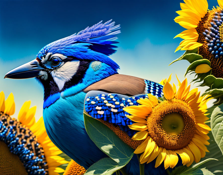 Blue jay on sunflower in clear blue sky