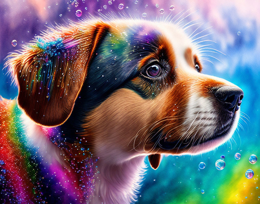 Colorful Artistic Rendition of Dog with Vibrant Hues and Floating Bubbles