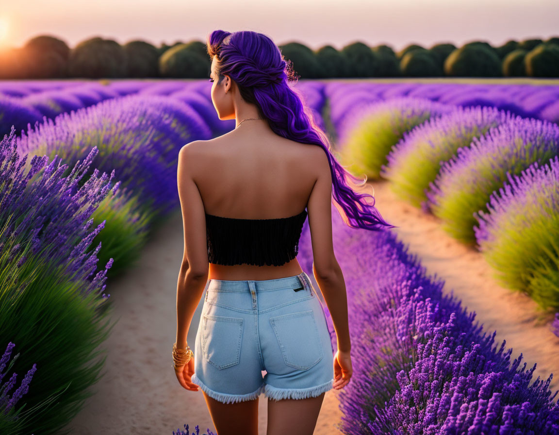 Purple-haired woman strolling in lavender field at sunset in black top and denim shorts