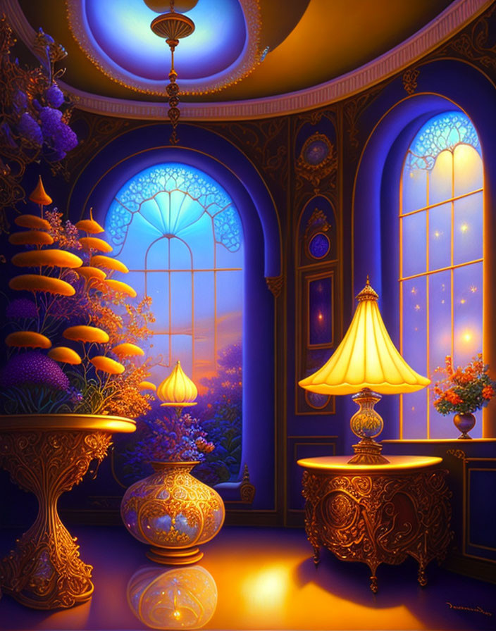 Elegant Blue and Gold Room with Christmas Decorations