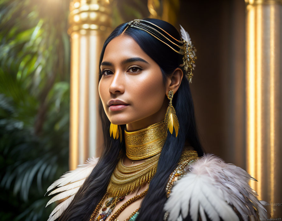 Elegant woman in gold jewelry and feathered headpiece against golden columns