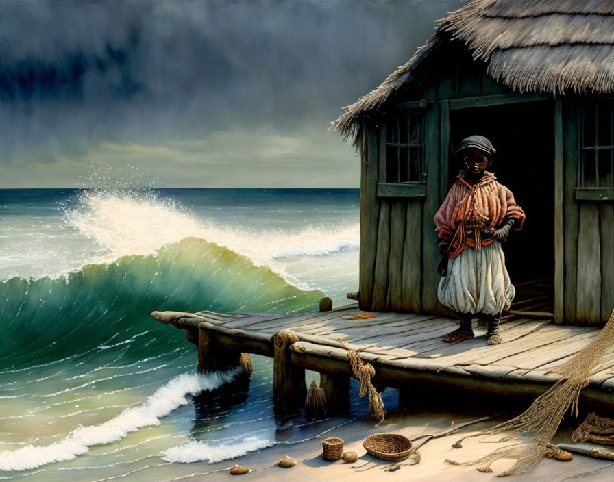 Person on wooden pier by hut with turbulent sea waves and cloudy sky