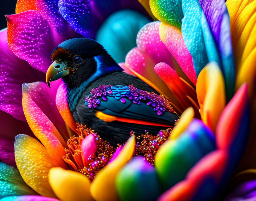 Colorful bird with blue head in rainbow petal nest.