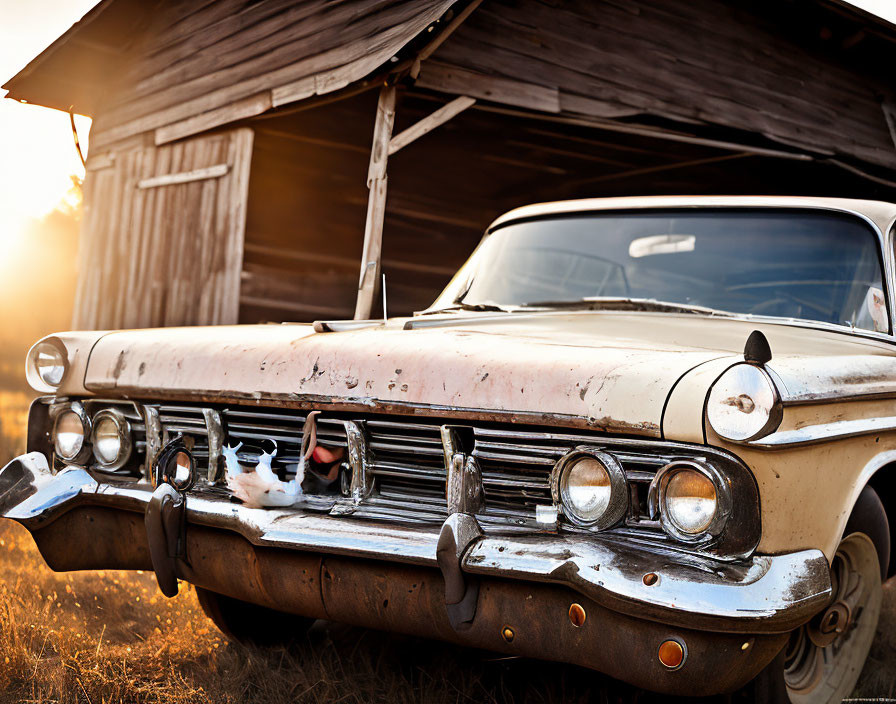 Classic car parked by wooden shack at sunset, showcasing worn paint and chrome details