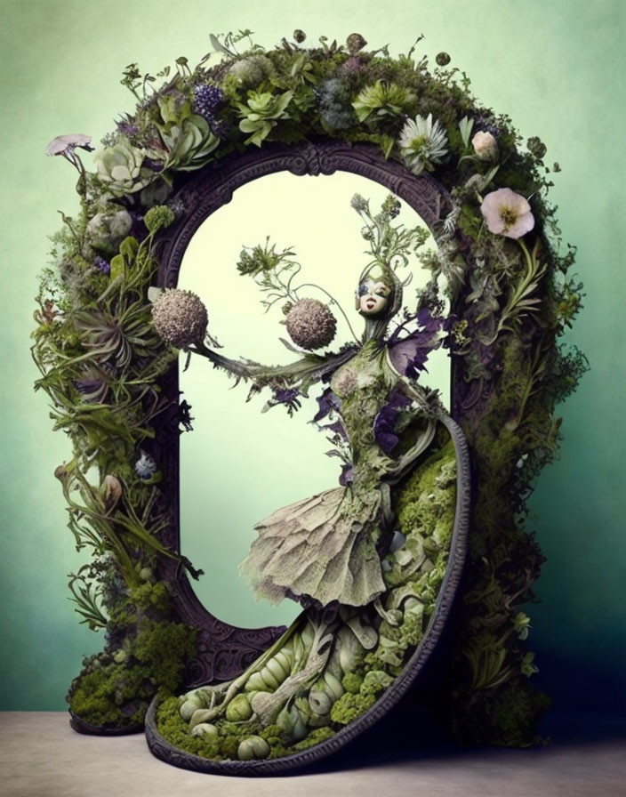 Fantasy art: Woman with plant-like features in ornate mirror