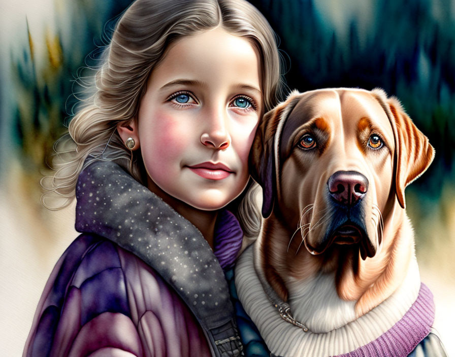 Digital painting of young girl with blue eyes and brown dog in snowy forest