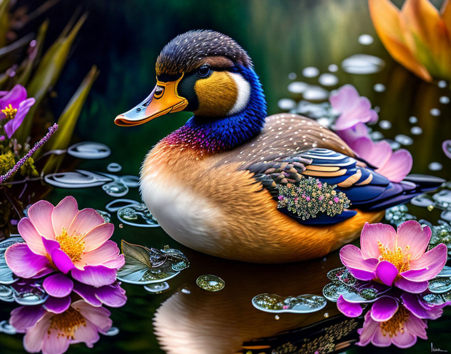 Vibrant duck surrounded by pink flowers and green leaves on water surface