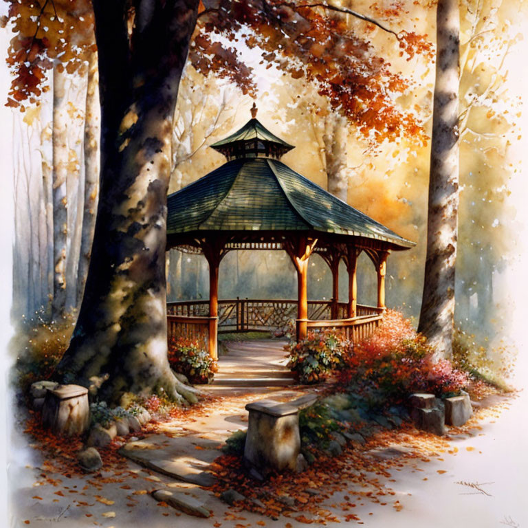 Tranquil autumn forest scene with wooden gazebo and golden leaves