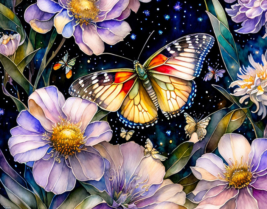 Colorful Watercolor Painting: Butterfly Among Purple Flowers & Glittering Stars