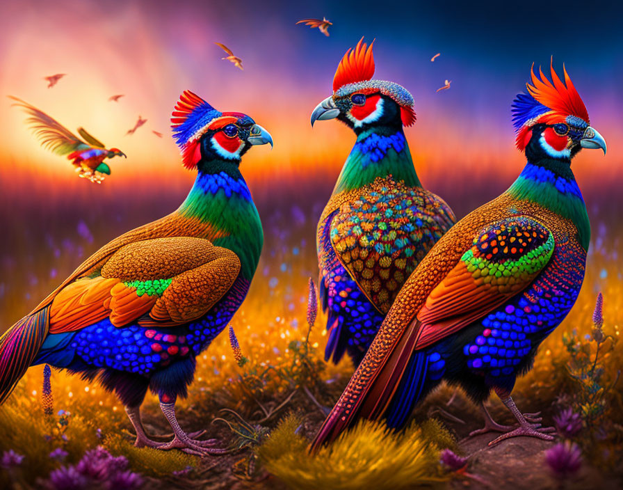 Colorful peacocks with intricate feathers in vibrant field at sunset.