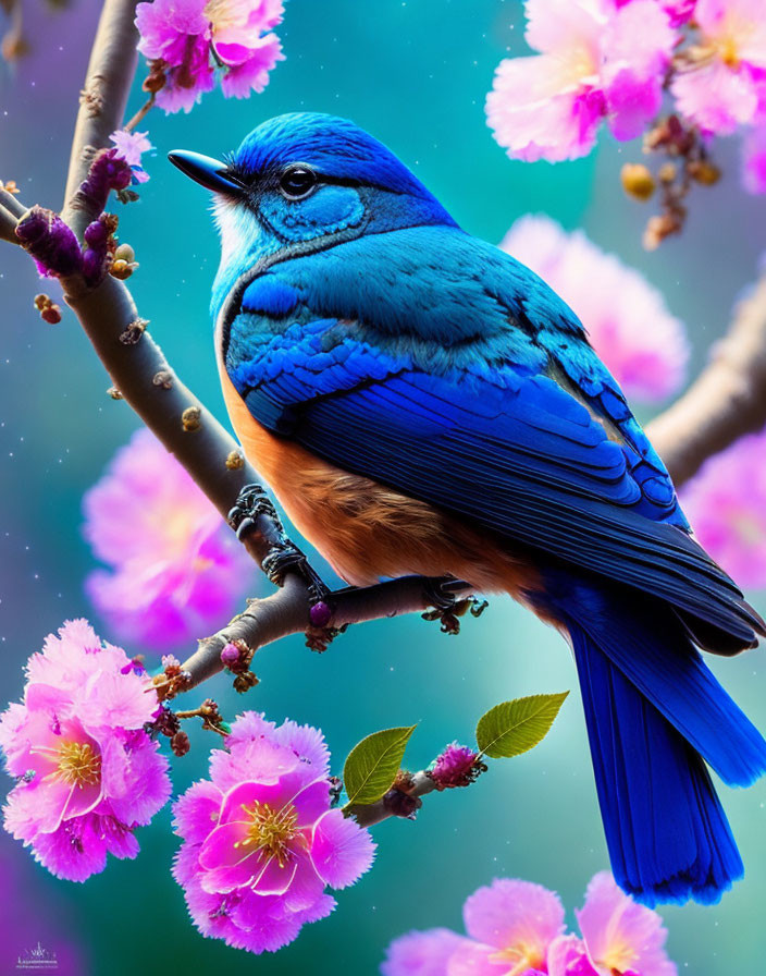 Blue bird on branch with pink cherry blossoms in bokeh background